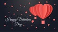 Happy valentine`s day. Valentine luxury greeting card on a dark background. Two paper cut red heart shape origami made hot air