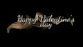 Happy Valentine`s Day message words made by silver braided wavy strings gold lines over dark black background. 3d