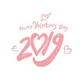 Happy Valentine`s Day 2019 modern calligraphy. Handwritten lettering. Light pink calligraphic 2019 and heart pierced by cupid`s ar