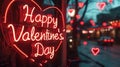 Happy Valentine's Day neon sign in a warm, red glow with heart-shaped bokeh lights, night city street background Royalty Free Stock Photo