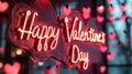 Happy Valentine's Day neon sign in a warm red glow with heart-shaped lights, romantic dreamy atmosphere background Royalty Free Stock Photo