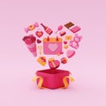 Happy Valentine\'s Day. Opened pink gift box with calendar and element decor for valentine floating are heart shape. 3d.