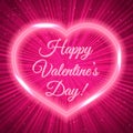 Happy Valentine s day Pink greeting card with neon heart on shiny rays background. Romantic vector illustration. Easy to edit Royalty Free Stock Photo