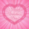Happy Valentine s day Pink retro greeting card with neon heart on shiny rays background. Romantic vector illustration. Easy to Royalty Free Stock Photo