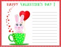 Happy Valentine`s day post card with cute cartoon rabbit Royalty Free Stock Photo