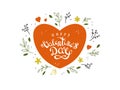 Happy Valentine`s day postcard with big red heart, flowers, leaves and doodle style elements Royalty Free Stock Photo