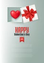 Happy Valentine`s day postcard, heart in open gift box with red bow, vector illustration