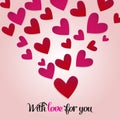 Happy Valentine`s day postcard with many red hearts. Valentine`s day. Pink background. Vector