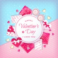 Happy Valentine`s Day poster, card, label, background, banner on circle frame with gifts boxes, cups of coffee, cookies, heart
