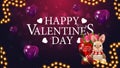 Happy Valentine`s day, purple postcard with purple heart shaped balloons, garland and plush rabbit with a bouquet of tulips Royalty Free Stock Photo