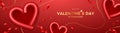 Happy Valentine`s day, read heart shape and red ribbon with gold lines, banner design on red background