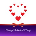 Happy Valentine`s Day. Red hearts, red bow, ribbon
