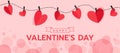 Happy valentine`s day - red paper heart shape was clipped onto a string with on soft pink circles bokeh texture background vector