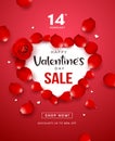 Happy Valentine`s Day red rose sale heart shape concept flyer poster design on red background Royalty Free Stock Photo