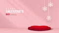 Happy valentine`s day. Red stage podium heart shape for product display. Window shadow, sunlight, snowflake hanging in Pink room.