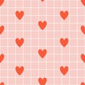 Happy Valentines Day retro seamless pattern with groovy hearts. Cute hearts on checkerboard background.