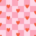 Happy Valentines Day retro seamless pattern with groovy hearts. Cute hearts on checkerboard background.