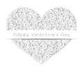 Happy Valentine`s Day romance and love themed icons doodle collage shaped into a heart black and white outline vector illustration