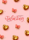 Happy Valentine\'s Day. Romantic background design with butterflies, golden hearts and glitter confetti. Royalty Free Stock Photo