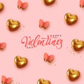 Happy Valentine\'s Day. Romantic background design with butterflies, golden hearts and glitter confetti.