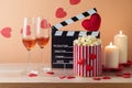 Happy Valentine\'s day and romantic movie concept with movie clapper board, heart shapes, wine and popcorn on wooden table Royalty Free Stock Photo