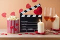 Happy Valentine\'s day and romantic movie concept with movie clapper board, heart shapes, wine and popcorn Royalty Free Stock Photo