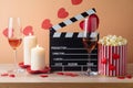 Happy Valentine\'s day and romantic movie concept with movie clapper board, heart shapes, wine and popcorn Royalty Free Stock Photo