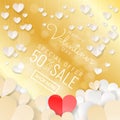 Happy Valentine`s Day sale background banner with paper cut hanging hearts in white gold color Royalty Free Stock Photo