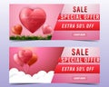 Happy Valentine`s day sale background banners set,Heart balloons and cloud