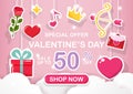 Happy Valentine`s Day sale banner decorated with hanging love symbols, gifts, hearts, roses, stars, and text promotion. Royalty Free Stock Photo