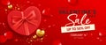 Happy Valentine`s day sale, gift box red heart with rose petals banner design on red background Royalty Free Stock Photo