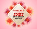 Happy Valentine`s day sale Pink background banner with Beautiful Colorful Flowers