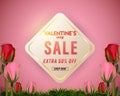 Happy Valentine`s day sale Pink background banner, roses and grass