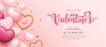 Happy Valentine`s day sale, pink and gold heart design, banner pink background