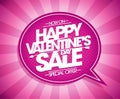 Happy Valentine`s day sale vector web banner with pink speech bubble and rays backdrop Royalty Free Stock Photo