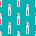 Happy Valentine\'s day seamless pattern. Test tube love fluid reaction laboratory bottle science romantic love theme.