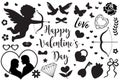 Happy Valentine`s Day set of icons stencil black silhouette. Cute romance love collection of design elements with cupid