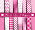 Happy Valentine`s Day! Set of Sixteen Seamless Polka Dots, Gingham  and  Stripes Royalty Free Stock Photo