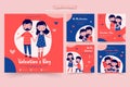 Happy valentine`s day social media post with flat couple cartoon