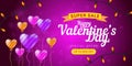 Happy Valentine`s day special offer horizontal flyer template or advertising super sale banner. Vector illustration of flying