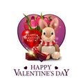 Happy Valentine`s day, square white greeting card with pink heart and plush rabbit with a bouquet of tulips Royalty Free Stock Photo