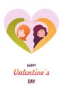 Happy Valentine`s day stock vector illustration. Two women make hands a heart sign. LGBT community. Love romantic card with withes