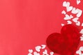 Happy Valentine`s Day! Stylish hearts on red background flat lay, space for text. Valentines day greeting card template. Cute