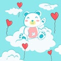 Happy Valentine`s Day with teddy bear on cloud, Valentines Day background with heart shape balloon Royalty Free Stock Photo