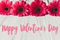 Happy Valentine`s Day text sign on pink gerbera on white wooden background, flat lay. Valentines day floral greeting card