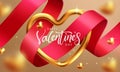 Happy valentine`s day text vector design. Valentine`s gold sparkling heart and red ribbon elements Royalty Free Stock Photo