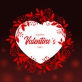 Happy valentine`s day text in white heart banner with red vines leaves and flower around on dark red light bakground vector desig