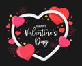 Happy valentine`s day text in white heart frame with pink hearts, firework and party ribbon around on dark bakground vector desig