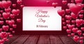 Happy Valentine's Day 14th February text and Shiny bubbly Valentines hearts in room with wooden floo