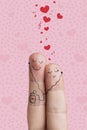 Happy Valentine's Day theme series. Finger art of a Happy couple. Lovers is embracing and listening music. Stock Image